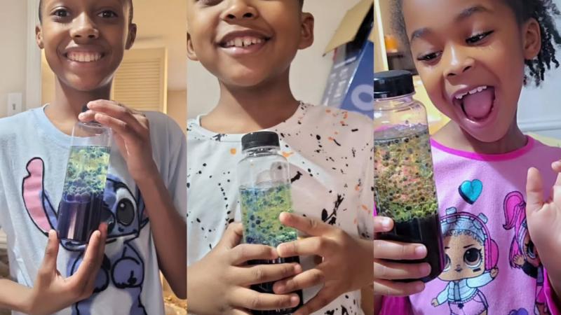 Three children showing their projects